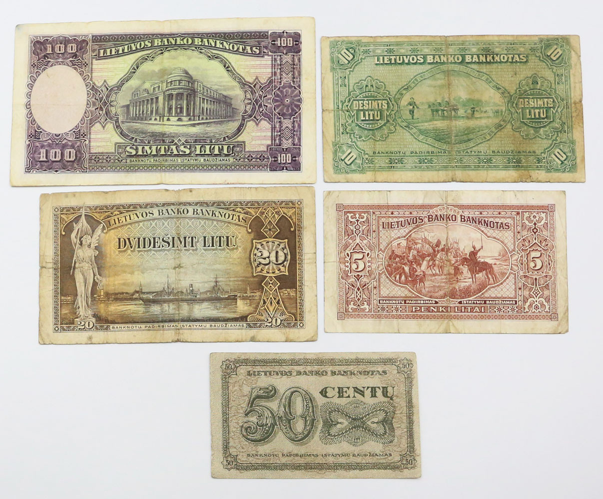 Litwa. 50 centu - 100 litu 1922-1930, zestaw 5 banknotów